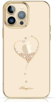 Луксозен твърд гръб оригинален KINGXBAR кристално прозрачен с камъни за Apple iPhone 13 6.1 сърце със златен кант 